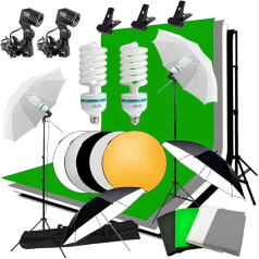 Abeststudio Photo Studio Continuous Lighting Kit 2 x 135 W Bulb, 4 x 1.6 x 3 m Back Drops (Black/White/Green/Grey), 4 x 2 x 2 x 3 m Floor Stand + 60 cm 5 in 1 Reflector Umbrella Light Stand Film