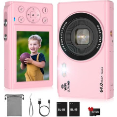 LAMA digitālā kamera, 4K 64MP mini digitālā kamera, automātiskās fokusēšanas kompaktā kamera, 2,8 collu LCD 16X tālummaiņas zibspuldzes digitālā kamera ar 32G karti, 2 baterijas, foto kamera bērniem, pusaudžiem, iesācējiem