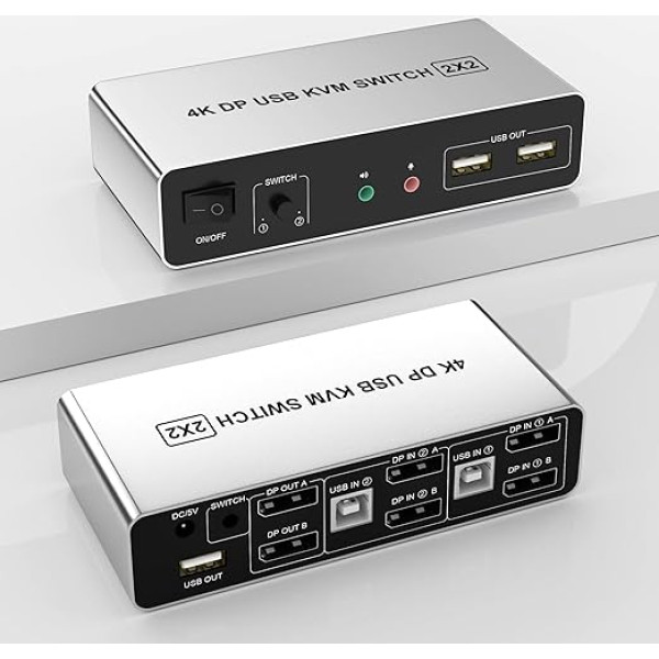 DisplayPort divu monitoru KVM slēdzis 2 datoriem 4K @ 60Hz Extended Display 2 porti KVM slēdzis 2 monitoriem 2 datoriem ar audio mikrofona izeju un 3 USB 2.0 pieslēgvietām, PC monitoru KVM slēdzis