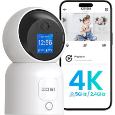 ZOSI 4K WLAN novērošanas kamera ar 1,44 collu monitoru, 8 MP iekštelpu kamera, 360° pagriežama, divvirzienu video zvans, 2,4/5 GHz WiFi, AI personas noteikšana, C519M