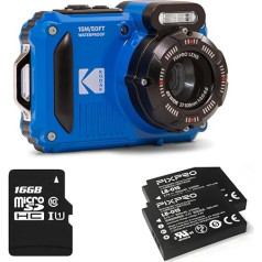 KODAK Pixpro Pack WPZ2 + 2 baterijas + 1 SD karte - Digitālā kamera Compact 16 m Pixel, ūdensizturīga līdz 15 m, triecienizturīga, video 720p, LCD ekrāns 2.7 - Li-ion baterija - zila