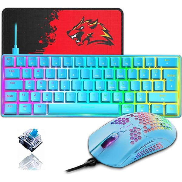 ZIYOU LANG 60% kompakts mehāniskās RGB spēļu tastatūras un peles komplekts - Mini QWERTY izkārtojums, noņemams USB-C kabelis - 12000 DPI Honeycomb programmēšana datoram - zils ar zilu slēdzi