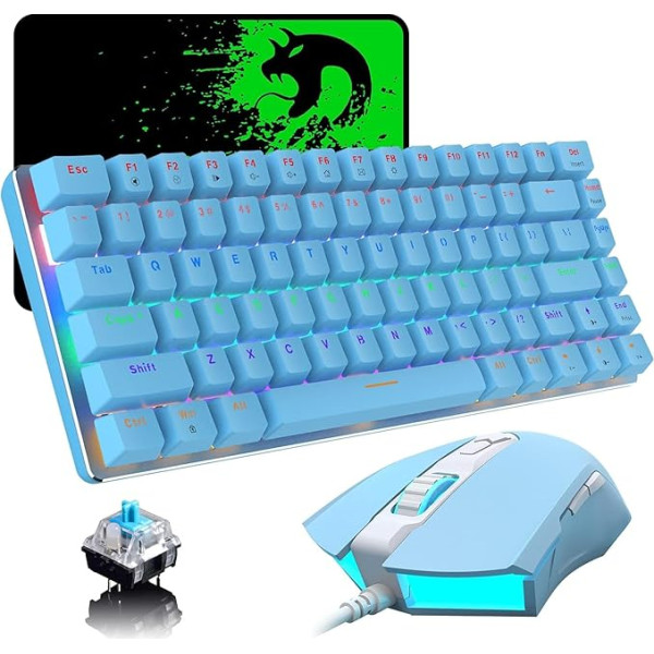 AK33 TKL 80% Blue Blue Wired Mechanical Gaming Keyboard Set, QWERTY Clicky Blue Switch, kompakts 82 taustiņu Rainbow LED Backlit, 2500 DPI, 7 pogas, RGB Backlit Mouse + peles paklājs birojam un spēlēm