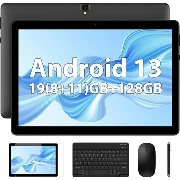 LNMBBS 10 collu planšetdators, Android 13 planšetdators, 19GB RAM + 128GB ROM, 5MP + 8MP kamera, 1280×800 HD, 8000mAh, WiFi/BT/OTG/Type-C, Google planšetdators ar tastatūru, peli un korpusu (melns)