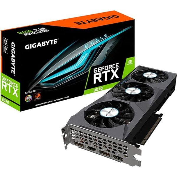 Gigabyte GV-N3070EAGLE-8GD 2.0 LHR versija NVIDIA. 8 GB. GeForce RTX 3070. GDDR6. PCI-E 4.0 x 16. Procesora frekvence 1725 MHz. HDMI pieslēgvietu skaits 2. Atmiņas taktātrums 14000 MHz