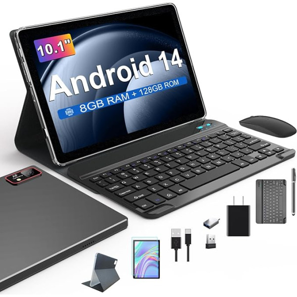 Android 14 planšetdators 10 collas, 2024 Jaunākais planšetdators ar 5G WiFi | 8GB RAM + 128GB ROM (TF1 TB) | Octa-Core | 1280 x 800 | GMS丨7000mAh丨13MP + 8MP丨Bluetooth5.0 | TUV丨Tablets ar tastatūru, peli, pildspalvu un korpusu,