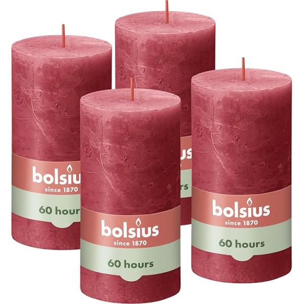 Bolsius Rustic Pillar Candles, sarkanas, 4 gabali, 13 x 7 cm, degšanas laiks 60 stundas, bez aromāta, dabīgs augu vasks, bez palmu eļļas, Advente