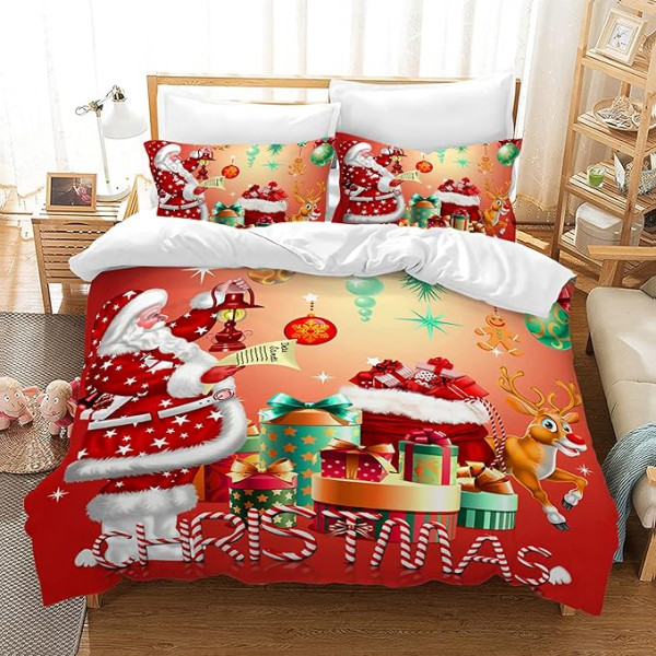 AVJWWD Weihnachten Bettwäsche Set Weihnachtsmann und Elch Schneemann Rentier Muster Bettbezug Set mit Kissenbezügen, Weihnachtsdekoration, Geschenk-Set, 135 x 200 cm