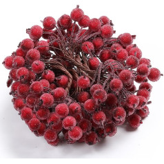 Künstliche Stechpalmenbeeren, Drahtstiele, künstliche Blumen, Dekoration, 200 Stück, 12 mm, Mini-Weihnachtsfruchtbeeren (dunkelrot), 100 Stück