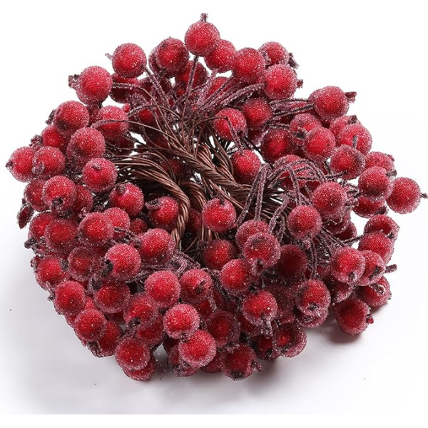 Künstliche Stechpalmenbeeren, Drahtstiele, künstliche Blumen, Dekoration, 200 Stück, 12 mm, Mini-Weihnachtsfruchtbeeren (dunkelrot), 100 Stück