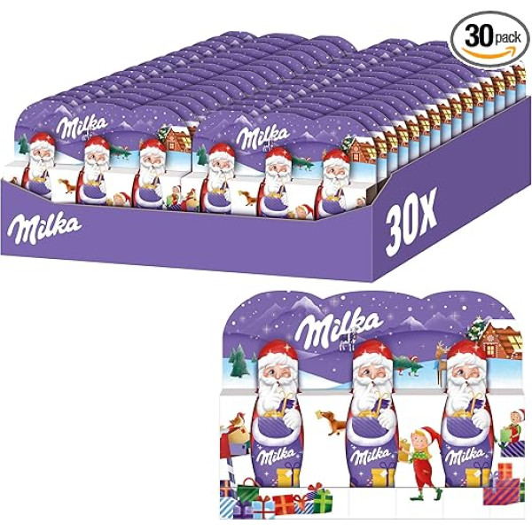 Milka Santa Alpine Milk Pack of 30 3 x 15 g I Mini šokolādes Ziemassvētku vecīša lielā iepakojumā I Ziemassvētku šokolāde no 100% Alpu piena