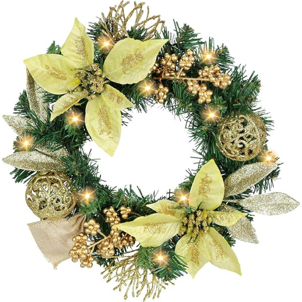 Dekorēts Ziemassvētku vainags ar LED apgaismojumu Poinsettia ogas Egles zari Ziemassvētku eglīte Baubles 30 cm Dekoratīvs vainags Adventa vainags Durvju vainags Egles vainags Ziedu vainags Ziemassvētku ziedu vainags Ziemassvētku zieds Ziemassvētki