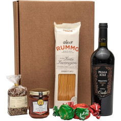 Geschenkset Italien mit italienischem Rotwein, Pasta, Sugo, Gewürzmischung und Ameretti | Präsentkorb mit Rotwein und italienischen Spezialitäten für Männer und Frauen.