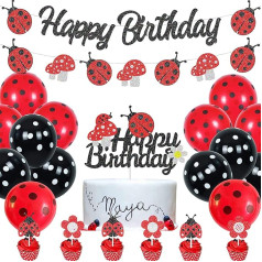 Ladybird dzimšanas dienas svinību rotājumi Ladybird Happy Birthday Decoration Banner Rozā sarkani baloni Ladybird Cake Topper Cupcake Topper sievietēm 1 un 2. dzimšanas dienas dekorēšana