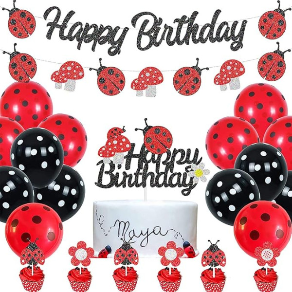 Ladybird dzimšanas dienas svinību rotājumi Ladybird Happy Birthday Decoration Banner Rozā sarkani baloni Ladybird Cake Topper Cupcake Topper sievietēm 1 un 2. dzimšanas dienas dekorēšana