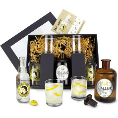 Römer Präsente Gin-Tonic-Geschenkset: Gin Gallus 43 (0,5 L) + 1 Glaskorken + 2 Thomas Henry Tonic Water + 2 Thomas Henry Tonic Water + 2 Gläser + 1 Rezept-Flyer + Geschenkbox.