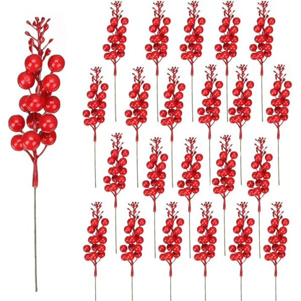 Atoke 24 Stück 15 rote Beerenstiele, künstliche burgunderrote Beeren, Stechpalmenbeeren, Zweige für Weihnachtsbaum, DIY-Weihnachtskranz, Basteln, Urlaubsdekoration