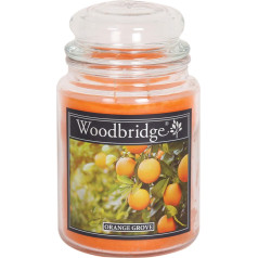 Woodbridge aromātiskā svece stiklā ar vāciņu | Orange Grove | Aromātiskā svece Orange | Sveces ilgs degšanas laiks (130 h) | Liela aromātiskā svece | Sveces Orange (565 g)