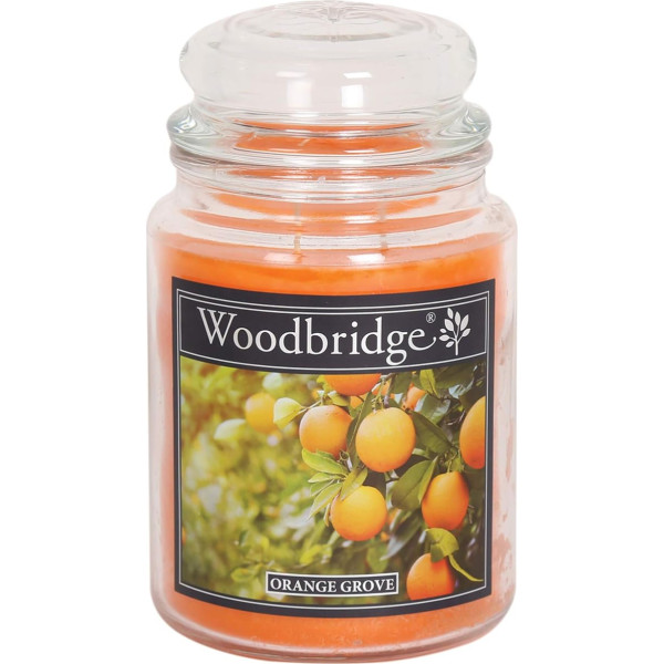 Woodbridge aromātiskā svece stiklā ar vāciņu | Orange Grove | Aromātiskā svece Orange | Sveces ilgs degšanas laiks (130 h) | Liela aromātiskā svece | Sveces Orange (565 g)