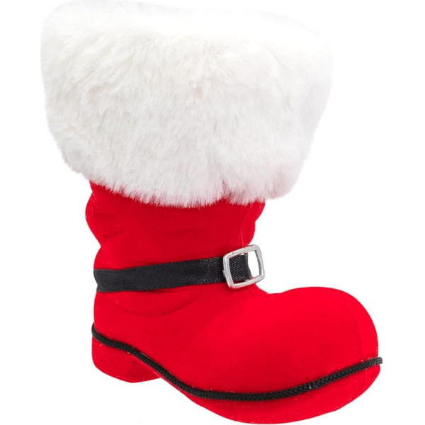 Idena 30538-Nikolausstiefel ca, rot beflockter Weihnachtsstiefel mit Schnalle und Fellbesatz, als Weihnachtsdekoration oder Geschenkverpackung, 13 x 9 x 14,5 cm