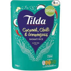 Tilda Basmati rīsi, tvaicēti ar kokosriekstu, čilli un citronzāli - 6 gabaliņu iepakojums (6 x 250 g)