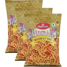 Haldiram Bombay Mix 200g (3 gab. iepakojumā) - Garšīgs un kraukšķīgs - Bez holesterīna - Bez pievienotiem konservantiem - Maigs un aromātisks makaronu, lēcas un riekstu maisījums.