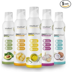 VitalBody+ DailySpray izmēģinājuma iepakojums, 5 iepakojumi, 2 kcal aerosols cepšanai, grilēšanai un rafinēšanai, 4000 porcijas, veselīgai gatavošanai, ideāli piemērots svara zudumam, nelīpošs cepšanas aerosols