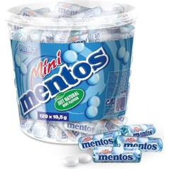 Mentos Mini Mint Classic spainis satur 120 mini rullīšus ar 5 piparmētru dražejām, piparmētru aromāta košļājamās konfektes uzglabāšanas kārba, vegāns