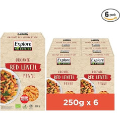 Explore Cuisine Organic Penne Made of Red Lentils - bezglutēna makaroni no lēcas miltiem, augu olbaltumvielu makaroni bez piedevām, ideāli piemēroti celiakijai, vegāni, 6 x 250 g