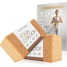 Jogas bloku komplekts no 2 korķa, 100% dabīgs - Hatha bloks arī iesācējiem, meditācijai un pilatesam, fitnesa piederumi reģenerācijai, mugurai, stiepšanās vingrinājumiem un bloku apmācībai, divi bloki 75 mm