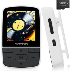 YOTON MP3 atskaņotājs ar Bluetooth 5.2, 64 GB atmiņas, mini HiFi mūzikas atskaņotājs ar sporta klipu, neatkarīga skaļuma regulēšana, FM radio, komplektā ietilpst austiņas, balts