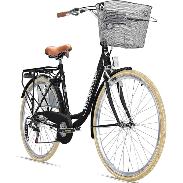 Bergsteiger Paris 28 collu sieviešu velosipēds no 160 cm ar grozu, velosipēda gaisma, Shimano 6 ātrumu pārnesumi, sieviešu pilsētas velosipēds ar retro dizainu