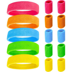 Pack of 15 80s 90s Sweatband Neon Headband and Wristband, 5 Bright Colours Sports Sweatband, Absorbent Terry Cloth Sweatband for Retro 80s 90s Party Carnival Running Jogging Tennis