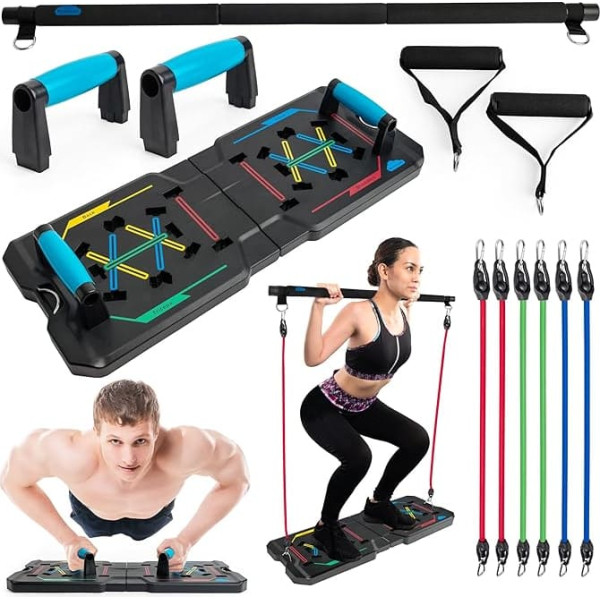 BlueClouds Push Up Board un Pilates Bar komplekts Krāsu kodēts saliekamais Push Up Board Fitnesa rīks Pastiprināta alumīnija pretestības joslu piederumi vīriešiem Sievietes Pārnēsājamā sporta zāle