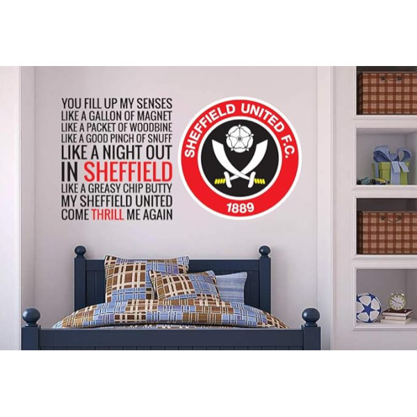 Skaista spēle Oficiālais Sheffield United FC Crest & Song + Sheff United Logo uzlīmju komplekts Vinila sienas uzlīmes 180cm x 90cm