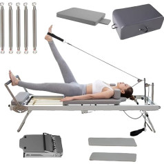 Pilates Reformer mašīna mājas trenažieru zālei iesācējiem - salokāma ar 5 sakausējuma atsperēm, kvadrātveida kastes atsperu dēlis, līdz 300 lbs