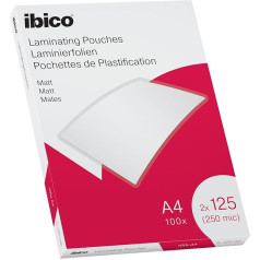 Ibico laminēšanas maisiņi A4, matēti, 250 mikronu (2 x 125 mikronu), 100 gab., rakstāmie karsti laminēšanas maisiņi, noapaļotiem stūriem, ideāli piemēroti skolai vai birojam, 627323