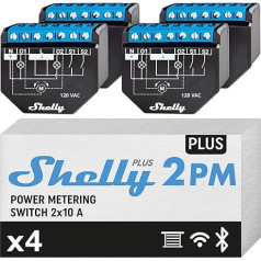 Shelly Plus 2PM Pack of 4 Smart Home Double Relay Switch, digitālā vadība, izmantojot bezmaksas lietotni un WiFi, darbojas ar Alexa un Google Home, garāžas durvīm un slēģiem