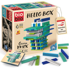 bioblo Hello Box Ocean Mix ar 100 gabaliņiem, ilgtspējīgi krāsaini klucīši bērniem no 3 gadu vecuma, koka klucīši, bērnu rotaļlieta, STEM Montessori rotaļlieta kraušanai un līdzsvarošanai