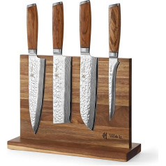 Wakoli Chef's Choice I 5 dalių damaskinių virtuvinių peilių rinkinys su magnetiniu peilių bloku ir 4 damaskiniais peiliais I 15-20 cm geležtės iš damaskinio plieno su zebro medžio rankenomis I Damaskinių peilių rinkinys