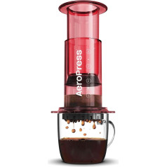 AeroPress caurspīdīga sarkana kafijas prese - 3-in-1 kafijas automāts, kas apvieno franču preses, pārlejamo kafiju un espresso - pilnvērtīga kafija bez rūgtuma - pārnēsājams mini kafijas automāts kempingiem un ceļojumiem, sarkans