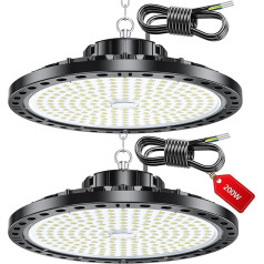 VRTOGTHE LED UFO rūpnieciskais apgaismojums - 200 W 20000 LM LED iekštelpu prožektors, IP65 ūdensnecaurlaidīgs un 50 cm garš, 7000 K iekštelpu un āra apgaismojums LED būvlaukumam, noliktavai, rūpnīcai, pagalmam, pagalmam