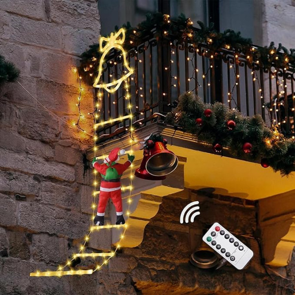 Hysagtek Santa Claus on Ladder LED, 160 cm Ziemassvētku vecīša kāpnes, pasaku gaismiņas, Ziemassvētku apgaismojums, āra apgaismojums ar 8 režīmiem, ūdensizturīgs, Ziemassvētku rotājums, balkona āra lietošanai, Ziemassvētku rotājums logam