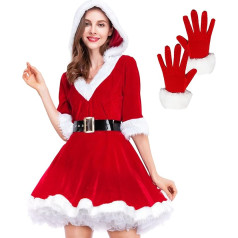 Giugio Women's Santa Claus Costume, Red Christmas Costume, Women's Santa Claus Costume with Hood, Christmas Cosplay Costume, Christmas Carnival Fancy Dress, Velvet Cape Hooded Coat Costume