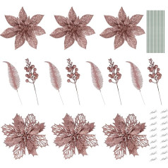 ilauke Pack of 30 Christmas Glitter Poinsettia Flowers Mākslīgo Ziemassvētku eglīšu ziedu dekorācijas komplekts ar ogu kātiņa Clip Leaves Ziemassvētku vainagam Ziemassvētku eglīšu rotājumiem, Rose Powder