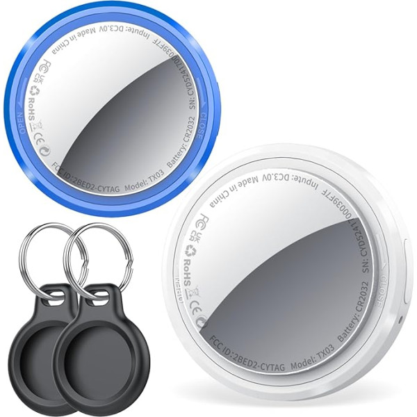 QCOQ Air Tracker Tag Pack of 2, Smart Finder atslēgu meklētājs, saderīgs ar Apple Where is (tikai iOS), viedā birka somām/ bagāžai/ceļasomas somai, atslēgu meklētājs ar aizsargvāciņu/atslēgu gredzenu, nomaināma baterija