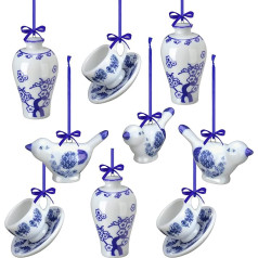 Chinoiserie rotājumi Porcelāna zilais ornaments Ziemassvētku piekariņi Dekoratīvie piekaramie rotājumi Ziemassvētku eglīšu rotājumiem (spilgts stils, 9 gab.)