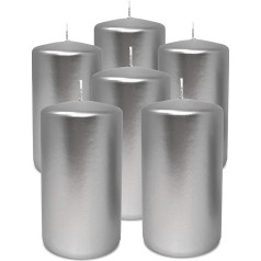 Hyoola Metallic Pillar Candles - Candles Silver Pack of 6 - Pillar Candles Silver - Decorative Pillar Candles Large Made in EU - Candles Long Burning Time - 7 cm x 13 cm