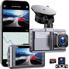 Dash Cam Automobiļu priekšējā un aizmugurējā Dash Cam 4K ar GPS 5GHz WiFi Dash Cam ar 64GB SD Autokamera ar stāvvietas uzraudzību/Super nakts redzamības/ieraksta cilpu (2 kanālu ierakstīšana)