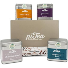 piTea Geschenkset mit 4 Mini-Dosen und Kandiszucker-Sticks | Tee Geschenkset für echte Genießer - Tee Set Geschenk, Tee Probierset aus Deutschland